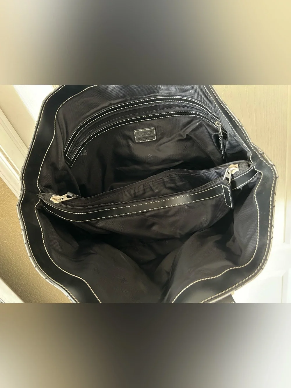 Ralph Lauren Black and Cream Monogram Shoulder Tote